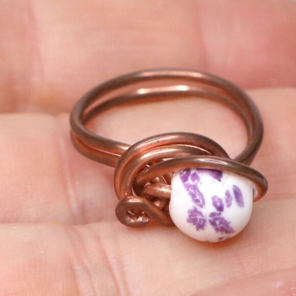 Handmade Copper Wire Wrapped Ceramic Beaded Ring - Boho Gemstone Jewelry - Picture 2 of 7